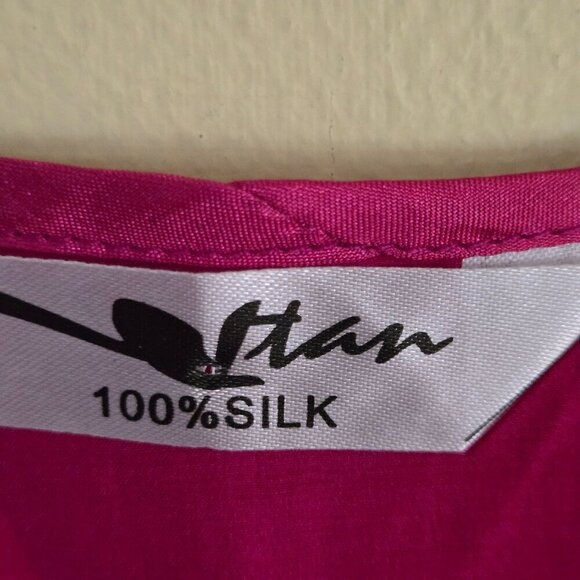 Tan 100% Silk Hot Pink Asian Inspired Graphic Tie Back Camisole Size S - Picture 4 of 4